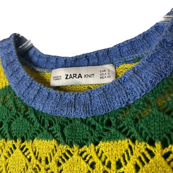 Zara Knit Multicolor Striped Open Weave Short Sleeve Sweater Top Size Small - Picture 2 of 7